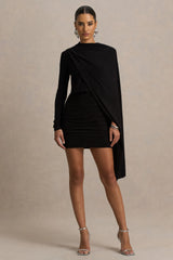Celeste | Black Long-Sleeve Mini Dress With Cape Sleeve
