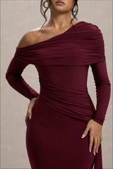 Valina | Burgundy Ruched Asymmetric Maxi Dress With Drape