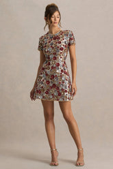 Eira | Red Floral Embellished Sequin Crew-Neck Mini Dress