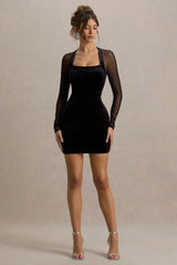 Off-Piste | Black Velvet Bodycon Mini Dress With Sheer Sleeves