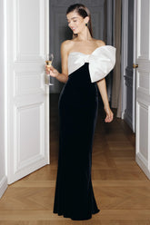 Divulge | Black And White Velvet Asymmetric-Neck Maxi Dress With Bow Detail