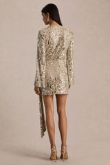 Carmina | Gold Sequin Plunge-Neck Wrap Mini Dress With Sash Detail