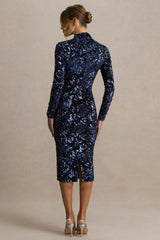Alanita | Navy Velvet And Sequin Embellished High-Neck Midi Dress With Long Sleeves