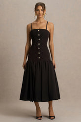 Briella | Black Bandeau Midi Dress With Gold-Button Detailing
