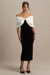 Twilight | Black And White Velvet Bardot-Neck Midi Dress With Oversized Satin Bow