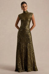 Cecy | Khaki Sequin High-Neck Maxi Dress With Cap Sleeves