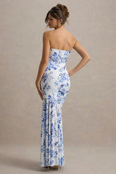 Callie | Blue Porcelain Print Bandeau Fishtail Maxi Dress