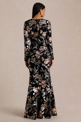 Lyric | Black Floral Velvet And Sequin Embellished Crew-Neck Maxi Dress