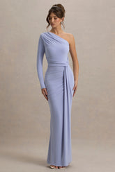 Sanya | Pale Blue Asymmetric One Sleeve Wrap Maxi Dress with Drape