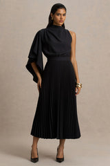 Jimena | Black High-Neck Midi Dress With One-Long Sleeve And Pleated Detailing
