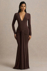 Saffie | Chocolate Extreme-Plunge Wrap Maxi Dress With Long-Sleeves And Ruched Detailing