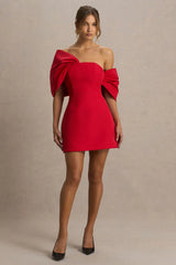 Tindra | Red Bandeau-Neck Mini Dress With Bow Sleeves