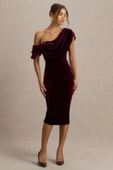High End | Burgundy Velvet Asymmetric-Neck Midi Dress With Draped Detailing