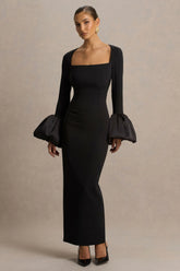 Retreat | Black Square-Neck Maxi Dress With Satin Puff-Sleeves