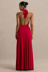 Mist | Red Plunge-Neck Maxi Dress With Knot-Detail And Open-Back