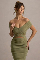 Clovette | Olive Ruched Bardot Cut-Out Midi Dress
