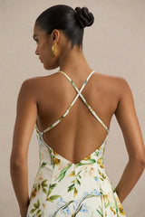 Glint | White Botanical Print Satin Plunge-Neck Maxi Dress With Asymmetric Hem