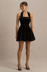 Mirage | Black Velvet Halter-Neck Mini Dress With Skater-Skirt