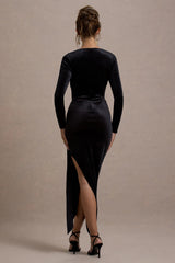 Arcadia | Black Velvet Plunge-Neck Wrap Midi Dress