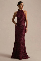 Tulia | Burgundy Sequin High-Neck Maxi Dress