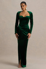 Fay | Bottle Green Velvet Corset Style Knot Maxi Dress