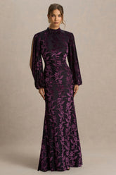 Janet | Black And Burgundy Devore High-Neck Maxi Dress With Cut-Out Details