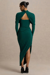 Aneira | Bottle Green High-Neck Maxi Dress With Cape Sleeves