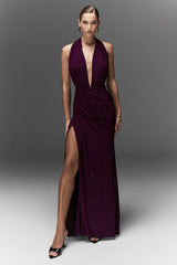 Tilly | Burgundy Extreme Plunge-Neck Maxi Dress With Wrap And Ruched Details