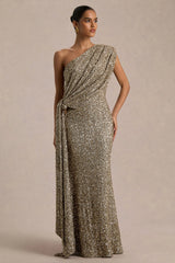 Liori | Champagne Sequin Asymmetric-Neck Maxi Dress With Sash