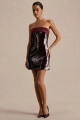 Casandra | Burgundy Sequin Bandeau Mini Dress With Satin Trim