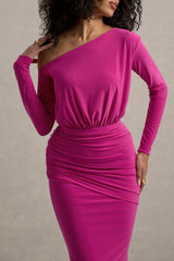 Deanna | Hot Pink Asymmetric Long-Sleeve Ruched Maxi Dress