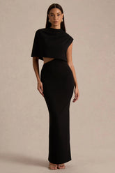 Roseth | Black High-Neck Maxi Dress With One-Sleeve And Body Cut-Out Detail