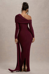 Valina | Burgundy Ruched Asymmetric Maxi Dress With Drape
