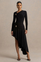 Alexia | Black Asymmetric-Neck Maxi Dress With Embellishment And Ruched Detailing