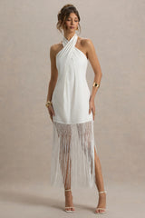 Fiametta | Ecru Linen Halter-Neck Fringe Maxi Dress