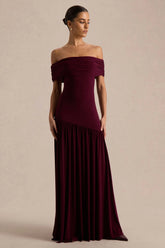 Venezia | Burgundy Bardot Maxi Dress With Drop-Waist