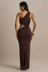 Serefine | Brown Asymmetric-Neck Maxi Dress With Body Cut-Out