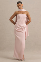 Joseline | Pale Pink Satin Corset Wrap Maxi Dress With Scarf