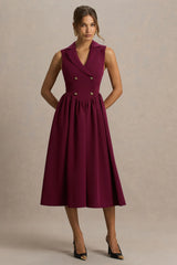 Lisa | Burgundy Plunge-Neck Tailored Midi Dress With Button-Detailing