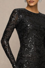 Stellar | Black Embellished Lace High-Neck Maxi Dress With Long Sleeves