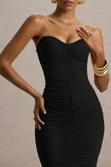 Talisa | Black Bandeau Ruched Maxi Dress With Mesh Fishtail