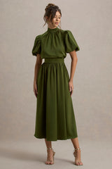 Persea | Olive Satin Puff-Sleeve Midi Dress With Bow