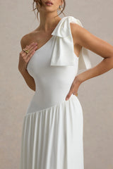 Lotus Love | White One-Shoulder Hanky-Hem Maxi Dress With Bow
