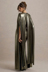 Theia | Gold Metallic Cape-Sleeve Split Maxi Dress