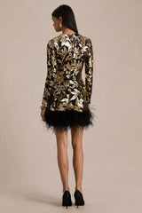 Lara | Black Velvet And Gold Embellished Sequin High-Neck Mini Dress With Feather Trim