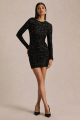 Mercedes | Black Sequin Boat-Neck Mini Dress With Draped Detail And Open Back