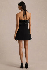 Tempest | Black Halter-Neck Mini Dress With Hand-Embellished Panel