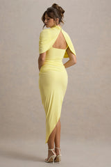 Enchant | Lemon Asymmetric Twisted Cape Midi Dress