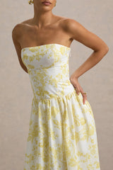 Bluebell | Lemon Porcelain Print Poplin Bandeau Drop-Waist Midi Dress