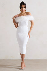 Maiden | White Lace Bardot Midi Dress With Feather Trim